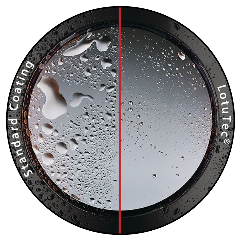 A circular lens is shown split in half, comparing ZEISS LotuTec® coating on the right—repelling water and appearing clear—to a standard coating on the left, which is covered in water droplets.