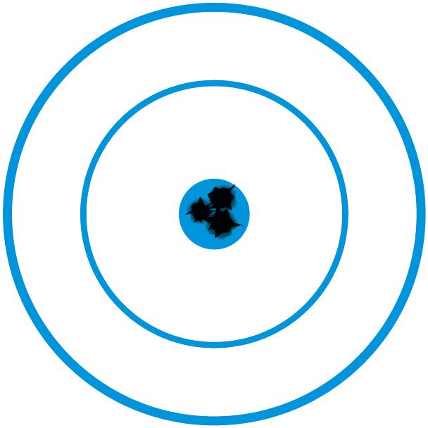 A blue and white target with several clustered bullet holes in the center, illustrating high precision, for ZEISS.
