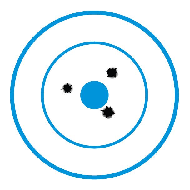 A blue and white target with three bullet holes tightly grouped near the center, demonstrating high precision.