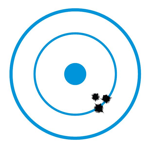 A blue and white target with three bullet holes tightly grouped near the center, demonstrating high precision.