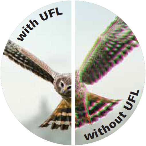 Side-by-side comparison of a bird in flight, showing a clear image labeled "with UFL" on the left and a distorted, color-fringed image labeled "without UFL" on the right.