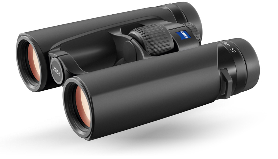 Black ZEISS binoculars with a sleek, modern design and prominent central focus wheel.