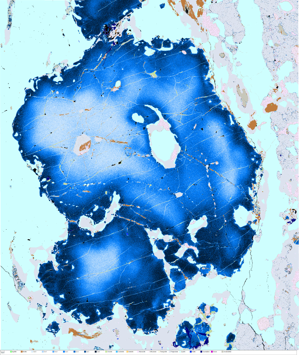 Chemically zoned garnet-kyanite gneiss, from Glenelg, Northwest Scotland. These rocks have undergone high pressure metamorphism coincident with the formation of local eclogite pods. This image shows the CA concentration measured using the quantitative EDS analysis that forms a core part of ZEISS Mineralogic.