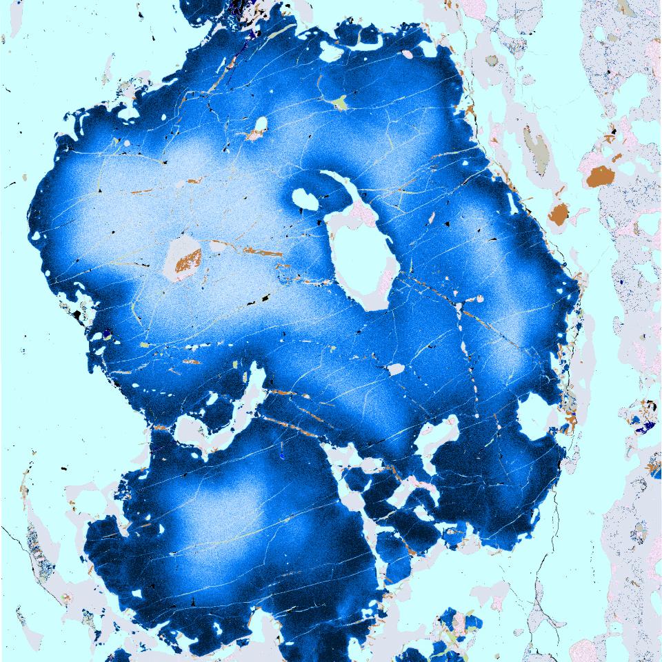 Chemically zoned garnet-kyanite gneiss, from Glenelg, Northwest Scotland. These rocks have undergone high pressure metamorphism coincident with the formation of local eclogite pods. This image shows the CA concentration measured using the quantitative EDS analysis that forms a core part of ZEISS Mineralogic.