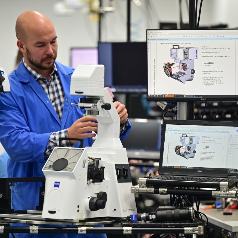 ZEISS Axio Observer is assembled in several steps on the production line.