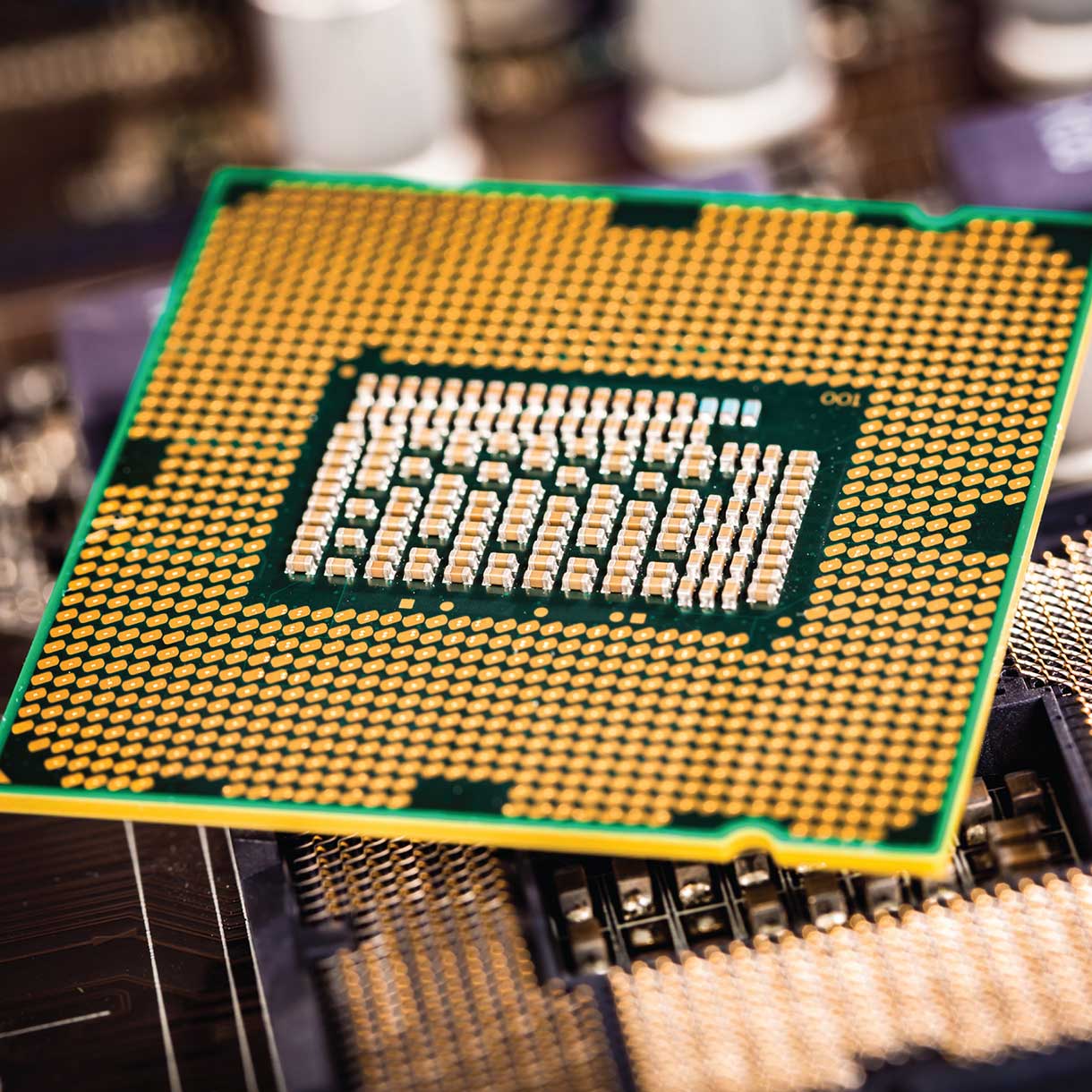 Close-up image of a CPU integrated into a motherboard.