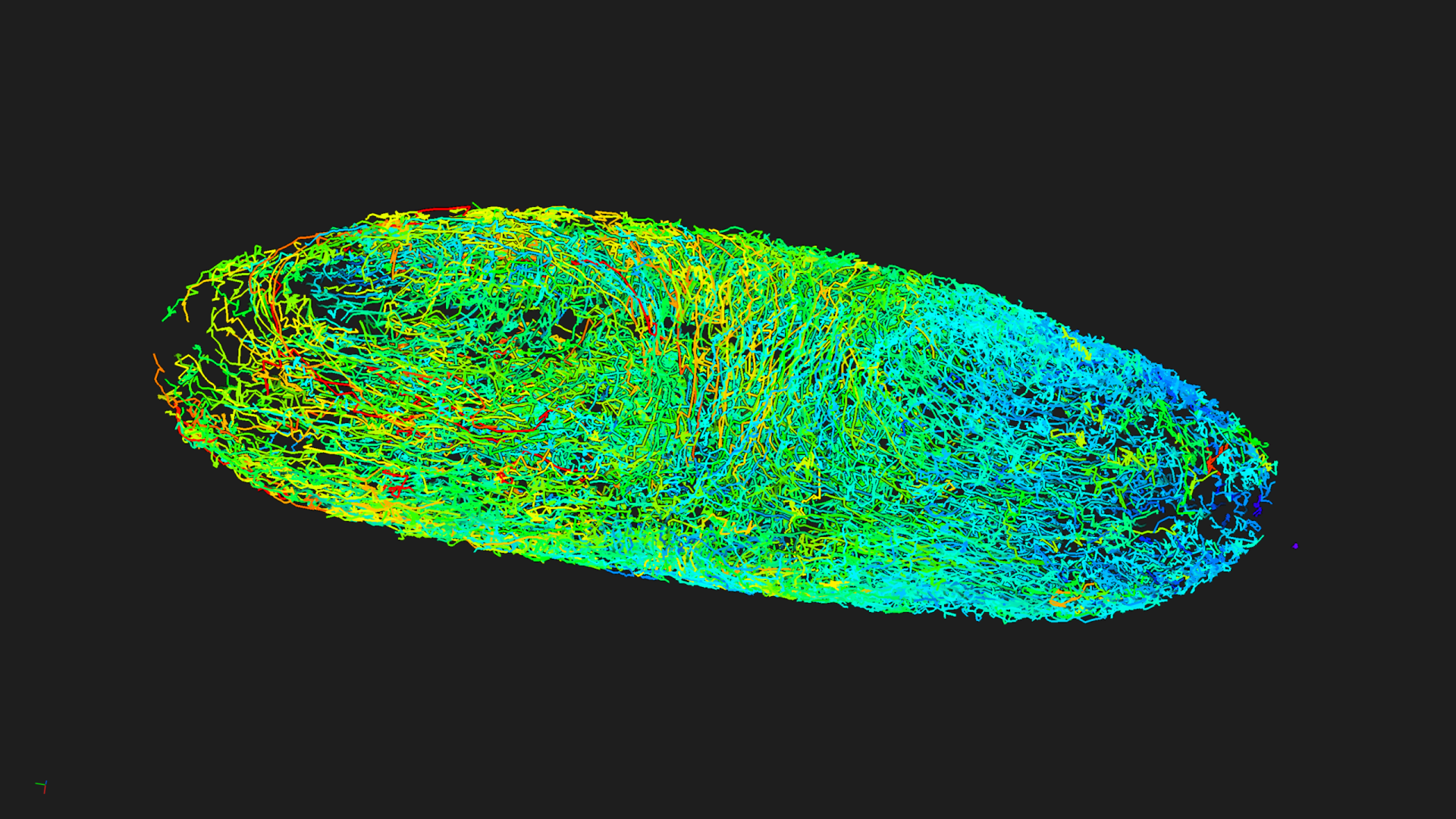 Tracks of cells in a developing fly embryo color-coded by average track speed, in diverse colors ranging from green and yellow to cyan and blue with highlights of red.