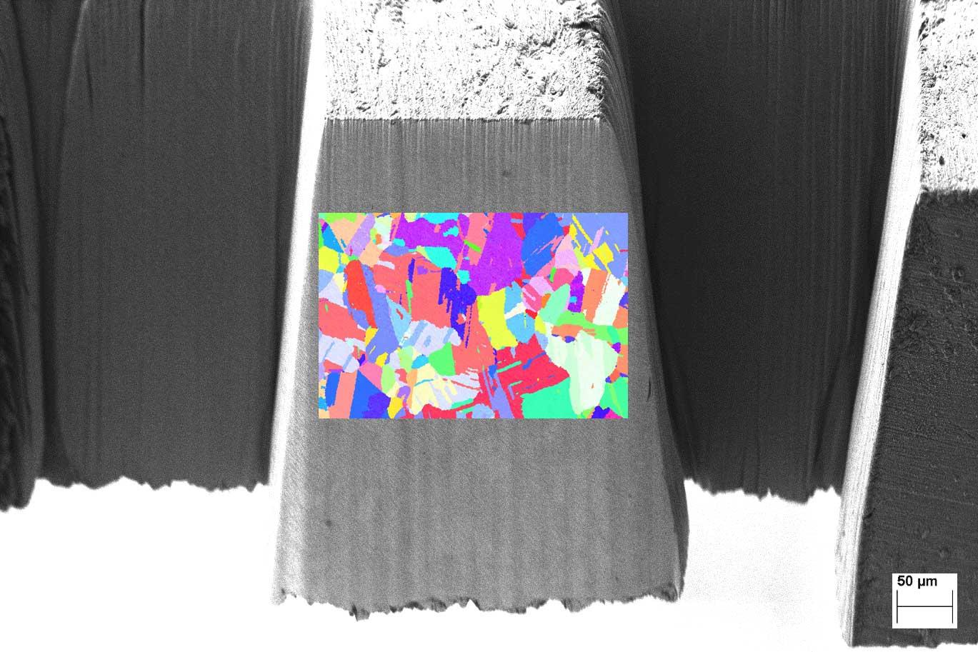 600合金板材的激光制备表面，在激光切割表面上叠加了EBSD图。样品使用Crossbeam LaserFIB制备和成像。