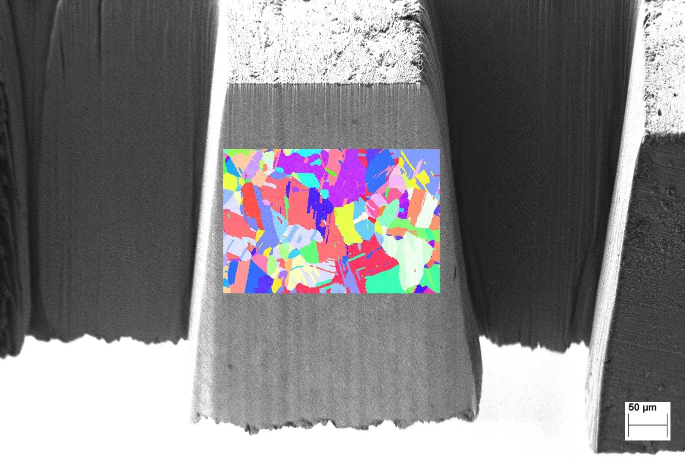 Laser-prepared surface of alloy 600 sheet with overlaid EBSD map obtained on the laser-cut surface. Sample prepared and imaged in Crossbeam LaserFIB.