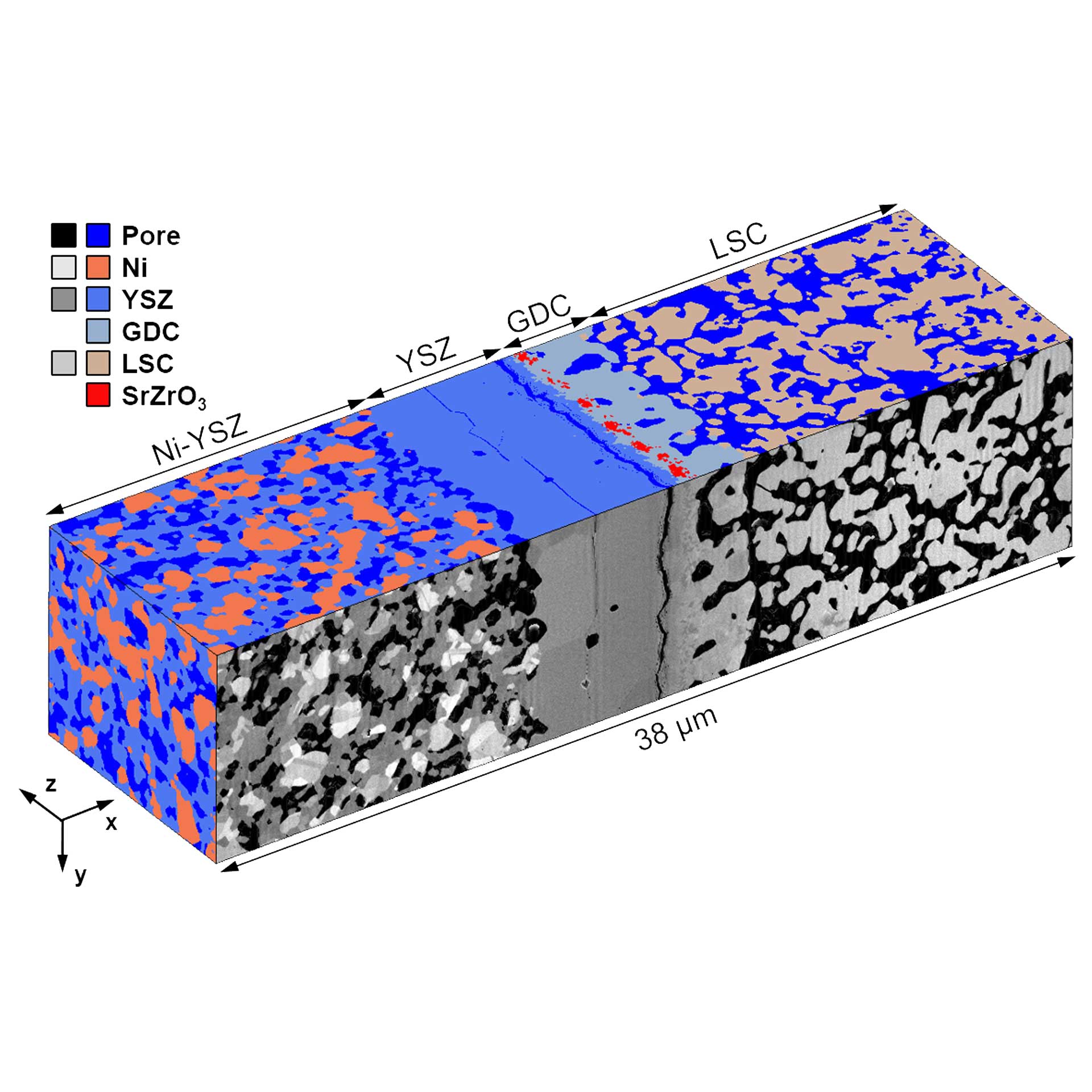 SOEC测试后分析表明，与固体氧化物燃料电池（SOFC）条件相比，锌和/或锶阳离子在电解质层中的扩散增强、分层并且镍在电解质附近重新分布，导致降解率提高。样品由瑞士洛桑联邦理工学院（EPFL）的M. Cantoni提供。
