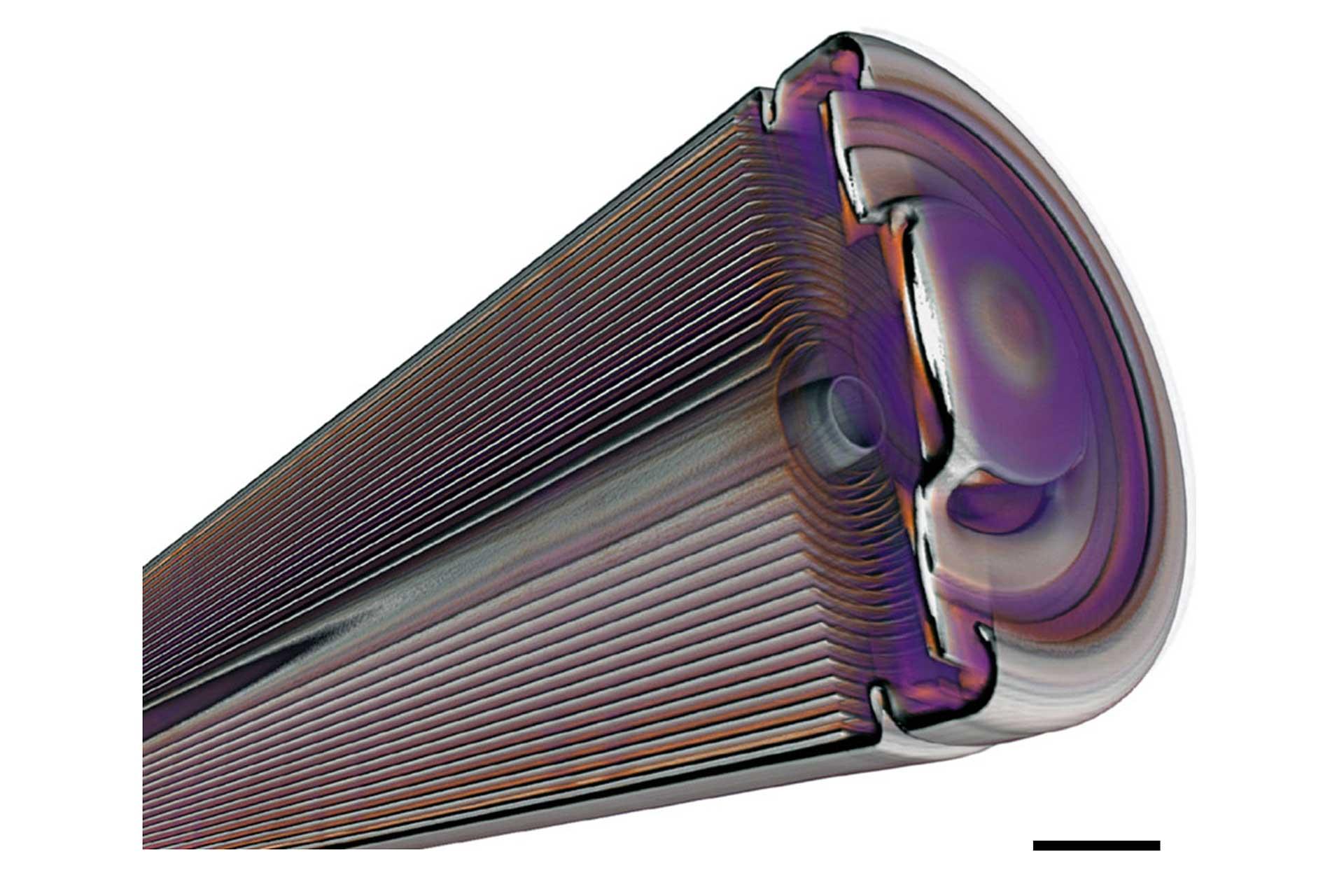 Renderizado en 3D de una batería de iones de litio 18650 intacta usando un microscopio de rayos X Xradia Versa (barra de escala 5 mm).