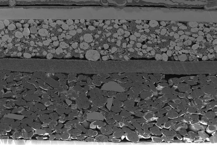 Cross-section of lithium ion battery containing NCM cathode