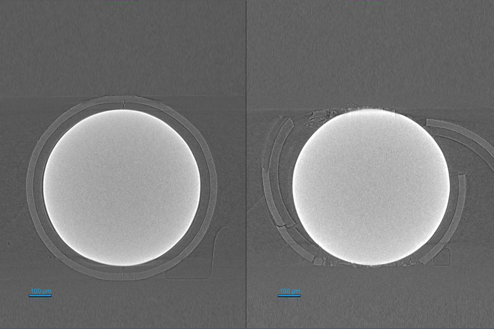X線顕微鏡による閉じ込め用TRISO粒子燃料のバーチャル断面像、Xradia VersaとDeben社CT-5kNステージを使ったin situ圧縮実験。（左）粒子の上方と下方に亀裂が入っている。（右）コーティング層の脆性破壊がみられる。 