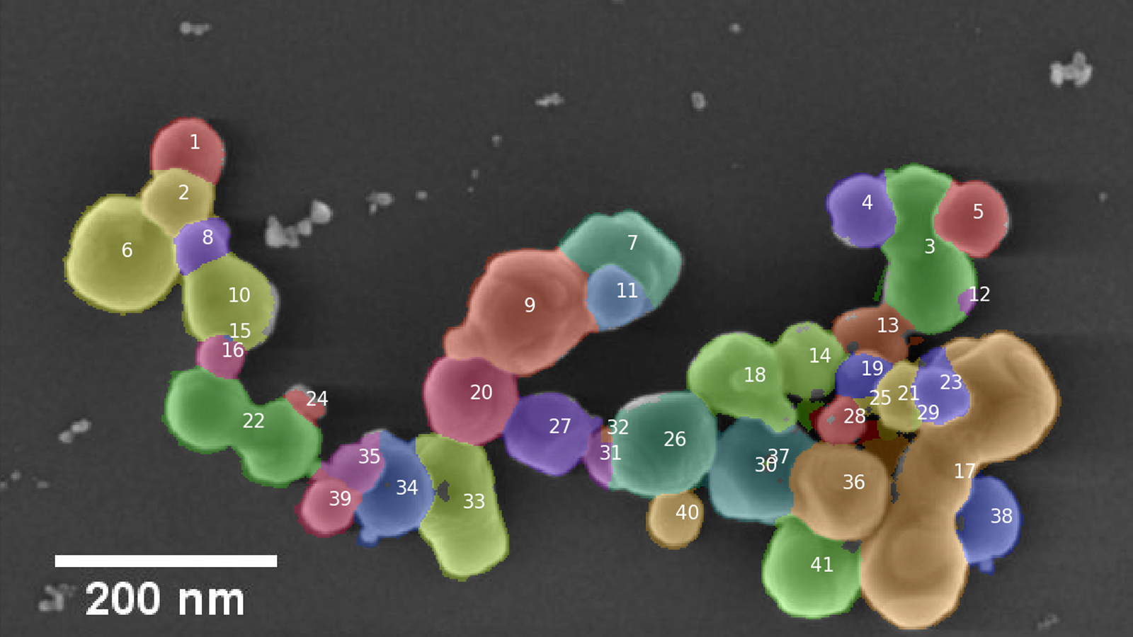 Enhancing nanoparticles research: False-colored image of the ferrocerium nanoparticles after ML-based segmentation illustrating the results of the second step of the end-to-end microscopy workflow from FE-SEM imaging to segmentation.