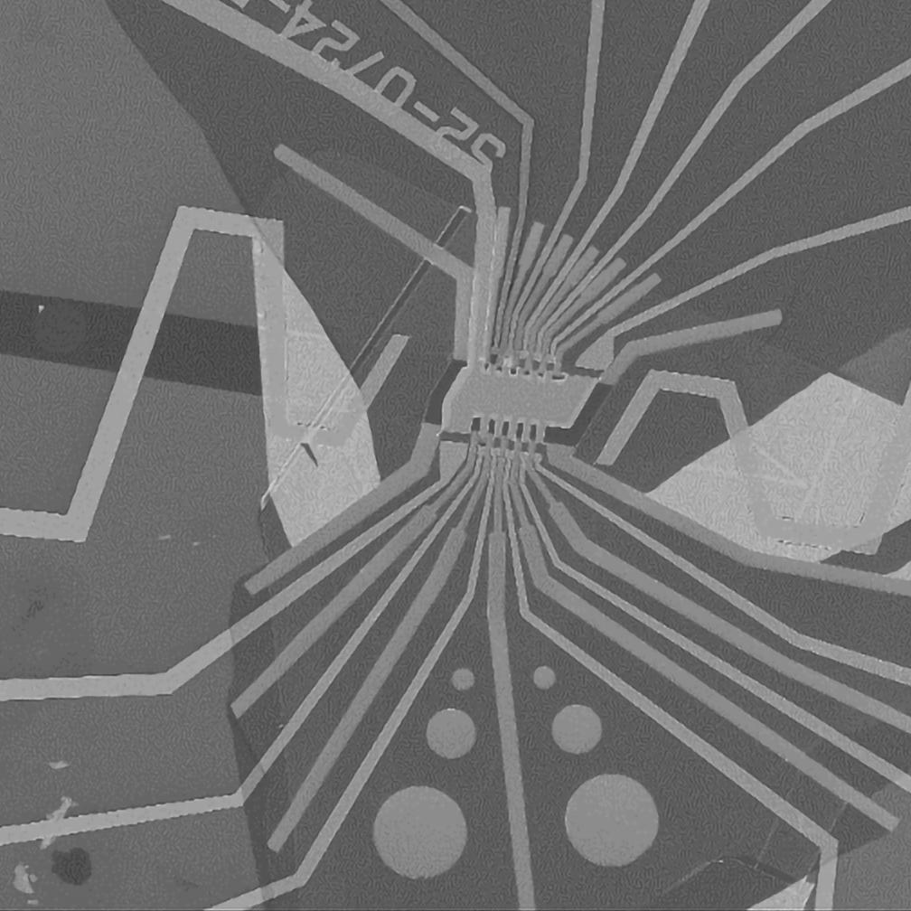 A scanning electron microscope (SEM) image showing a graphene field-effect transistor (FET) device with Hall bar geometry. The device features nanopatterns created using the Elphy (RAITH) pattern generator integrated into the ZEISS Sigma SEM.