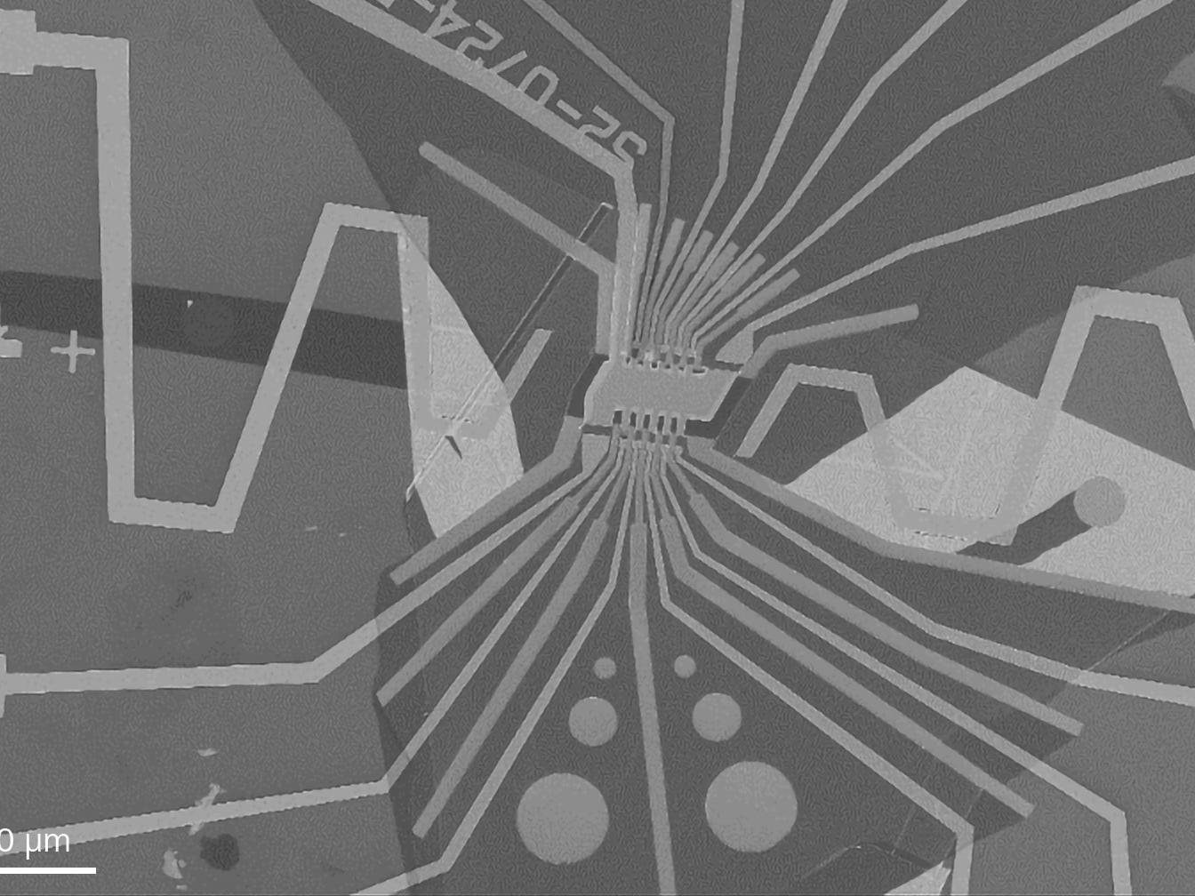 A scanning electron microscope (SEM) image showing a graphene field-effect transistor (FET) device with Hall bar geometry. The device features nanopatterns created using the Elphy (RAITH) pattern generator integrated into the ZEISS Sigma SEM.