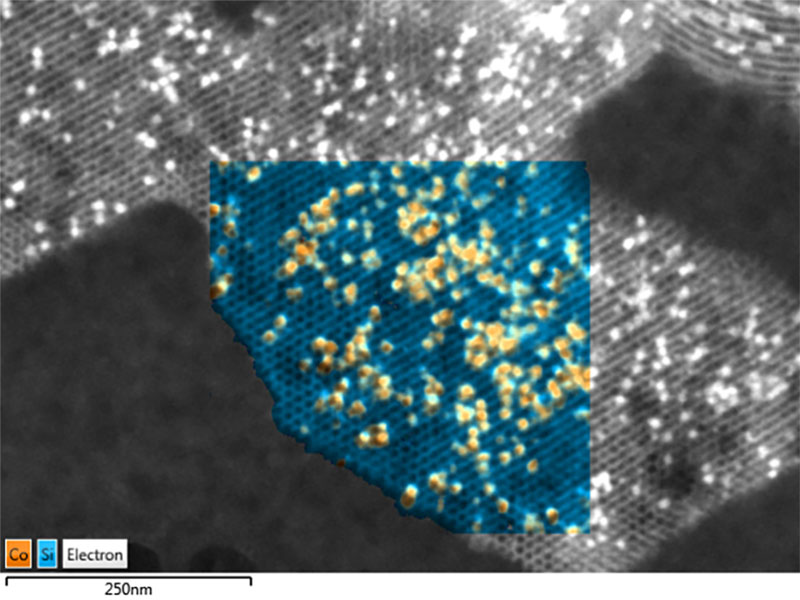 High resolution EDS mapping of Co nanoparticles embedded in mesoporous silica measured, investigated at 30 kV. 