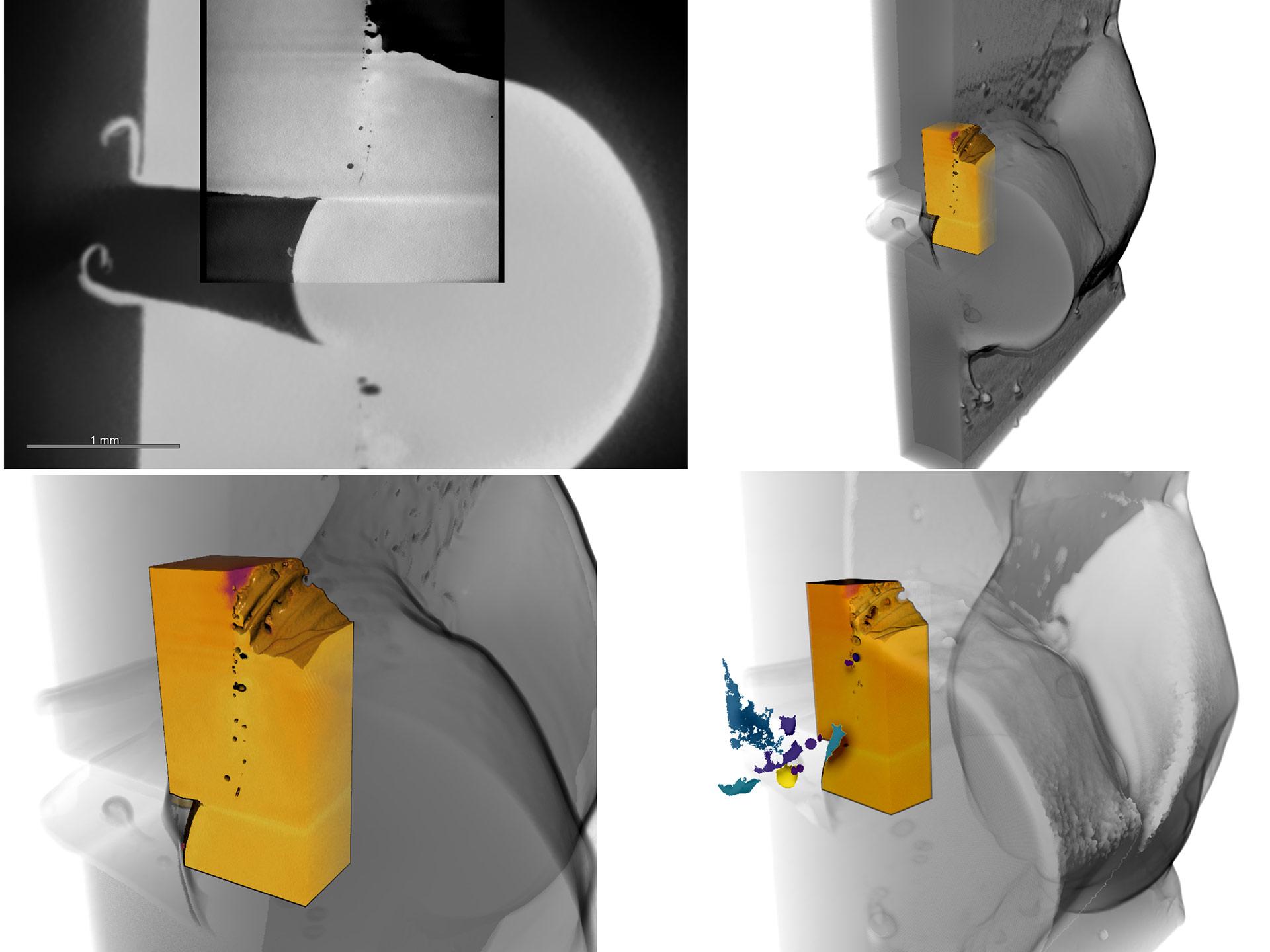 Une soudure défaillante comportant de nombreux défauts, image capturée avec Xradia 620 Versa