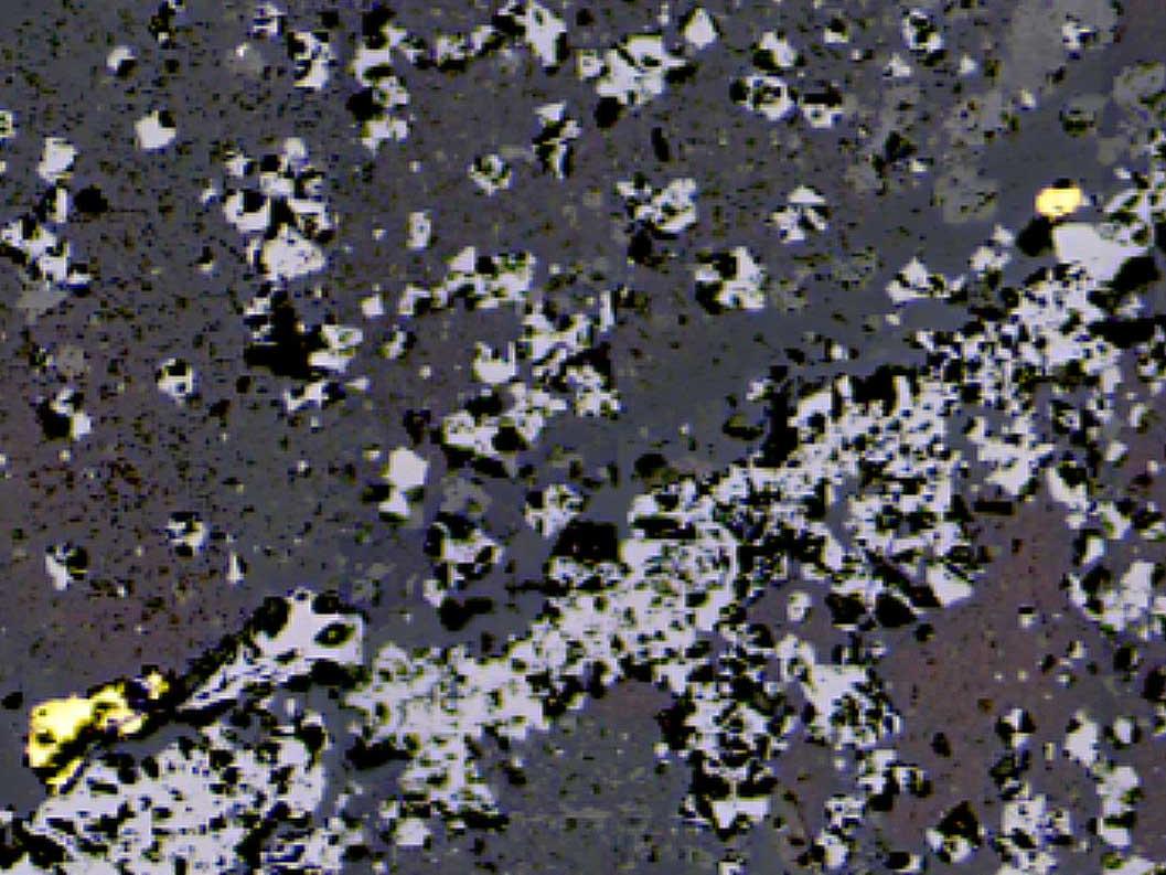 Reflected light photomicrograph of gold sitting at the interface between hematite and silicate/carbonate