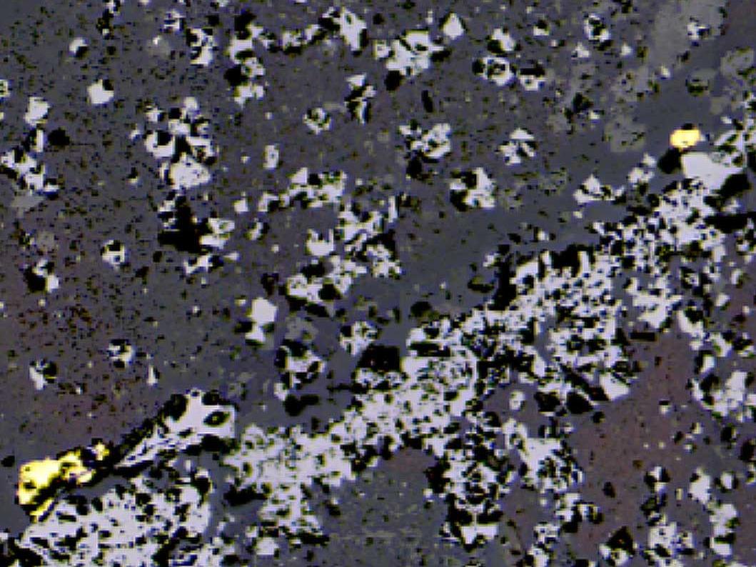 Reflected light photomicrograph of gold sitting at the interface between hematite and silicate/carbonate.