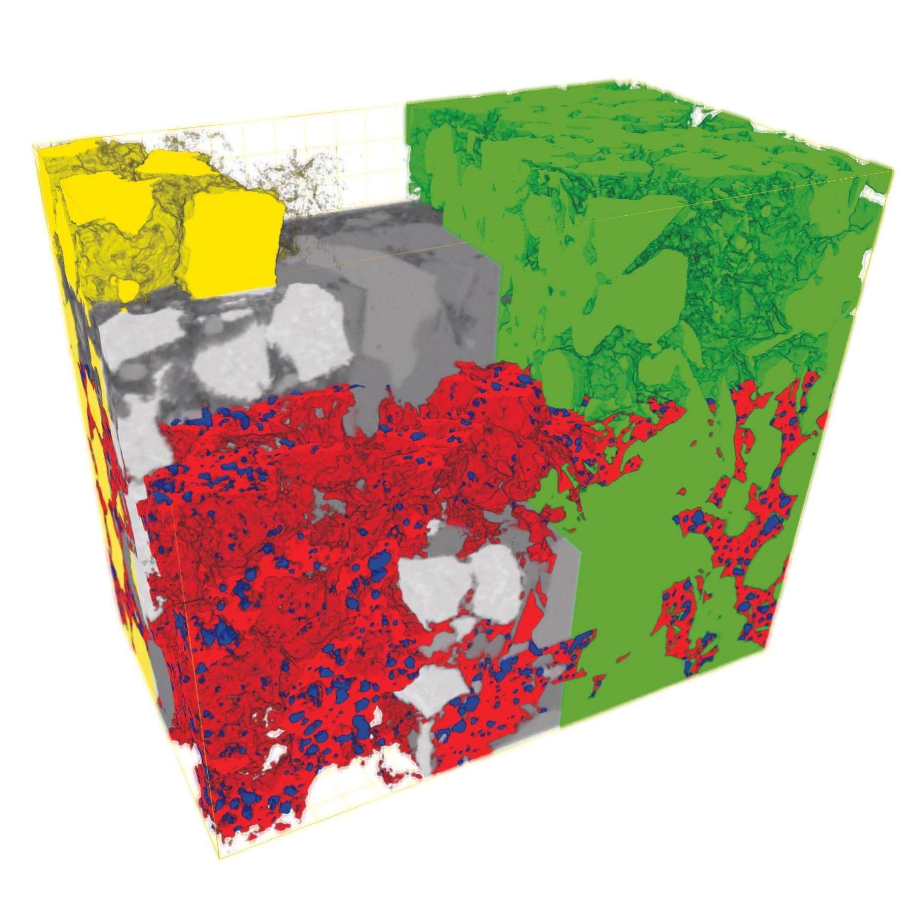 Esquematización en 3D de volumen de FIB-SEM de porosidad orgánica hospedada de subsuelo de pizarra terrestre de EE. UU.; captura con vóxeles de 2,5 x 2,5 x 5 nm. Porosidad hospedada de querógeno mostrada en color azul, querógeno en rojo, cuarzo en verde y pirita en amarillo.