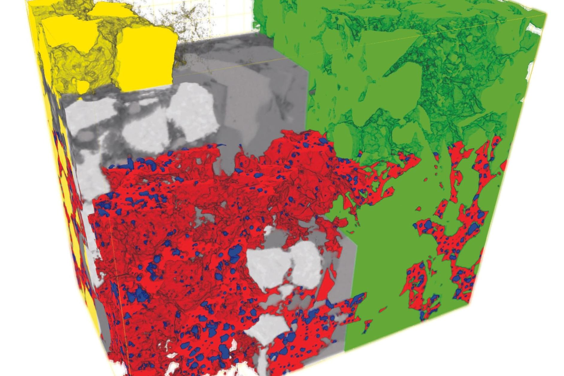 Esquematización en 3D de volumen de FIB-SEM de porosidad orgánica hospedada de subsuelo de pizarra terrestre de EE. UU.; captura con vóxeles de 2,5 x 2,5 x 5 nm. Porosidad hospedada de querógeno mostrada en color azul, querógeno en rojo, cuarzo en verde y pirita en amarillo.