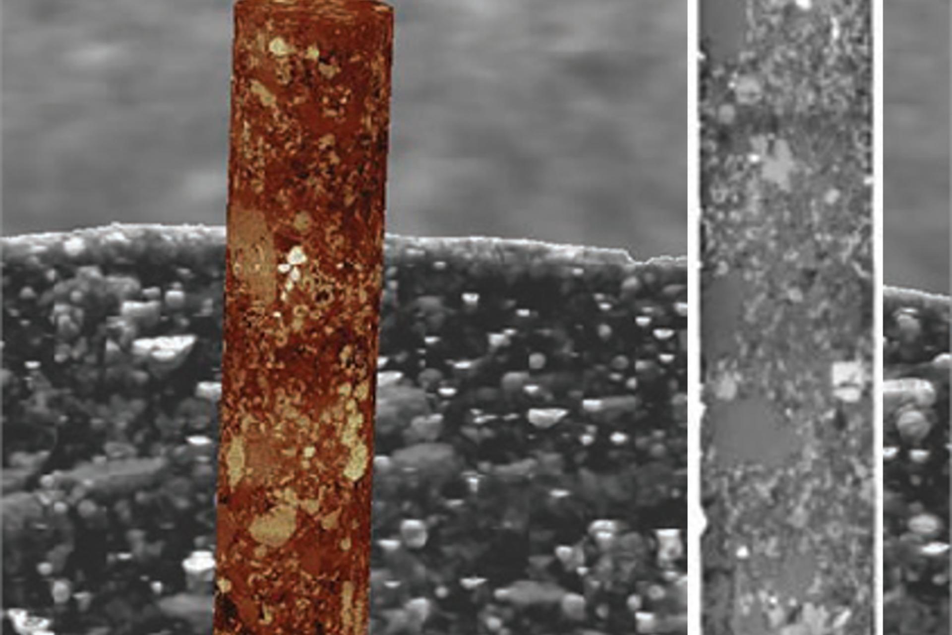 Captura de imágenes 3D multiescala de roca de pizarra. Muestra completa escaneada con Xradia Versa con tamaño de vóxel de 1 μm, mientras que el pilar señalado fue escaneado con Xradia 810 Ultra con vóxeles de 64 nm (campo de visión, total, 361 µm)