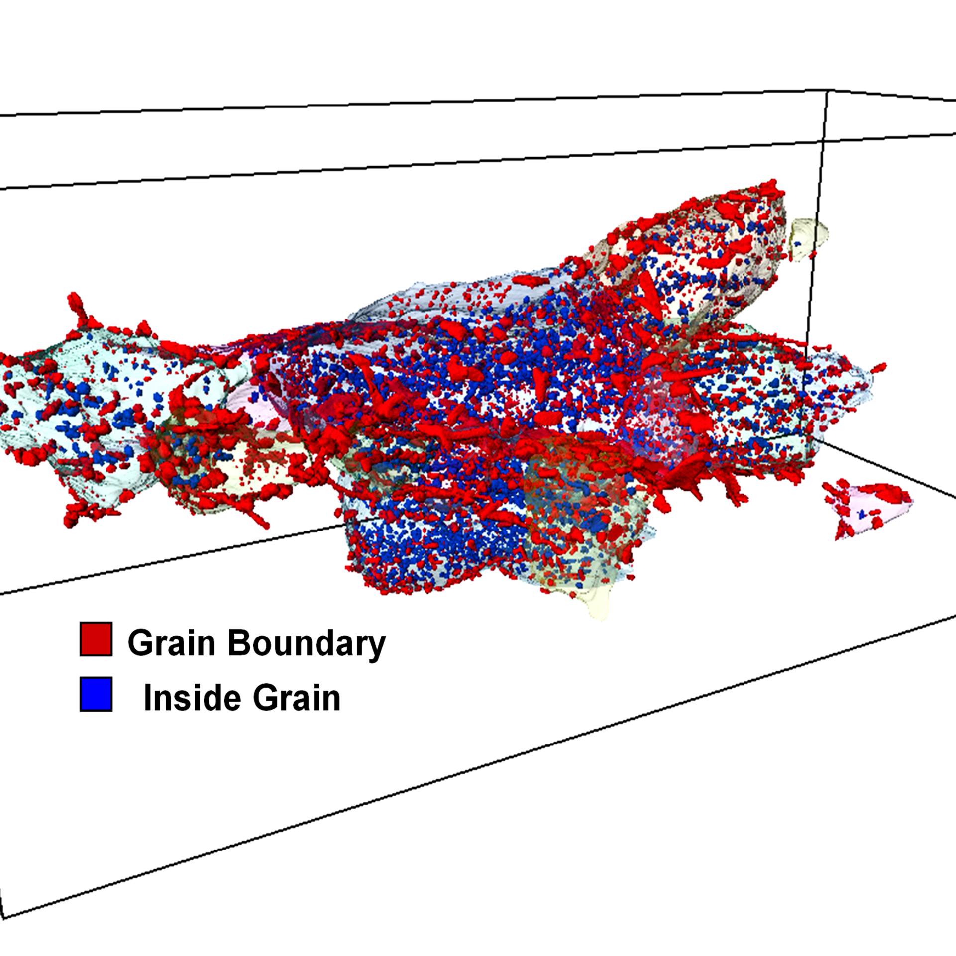 3D FIB-SEM tomography data on the precipitate distribution in aluminum 7075 alloy. The 3D data provides quantitative information on the spatial distribution of precipitates with respect to the grain boundaries. Sample courtesy of Prof. N. Chawla, Purdue University.