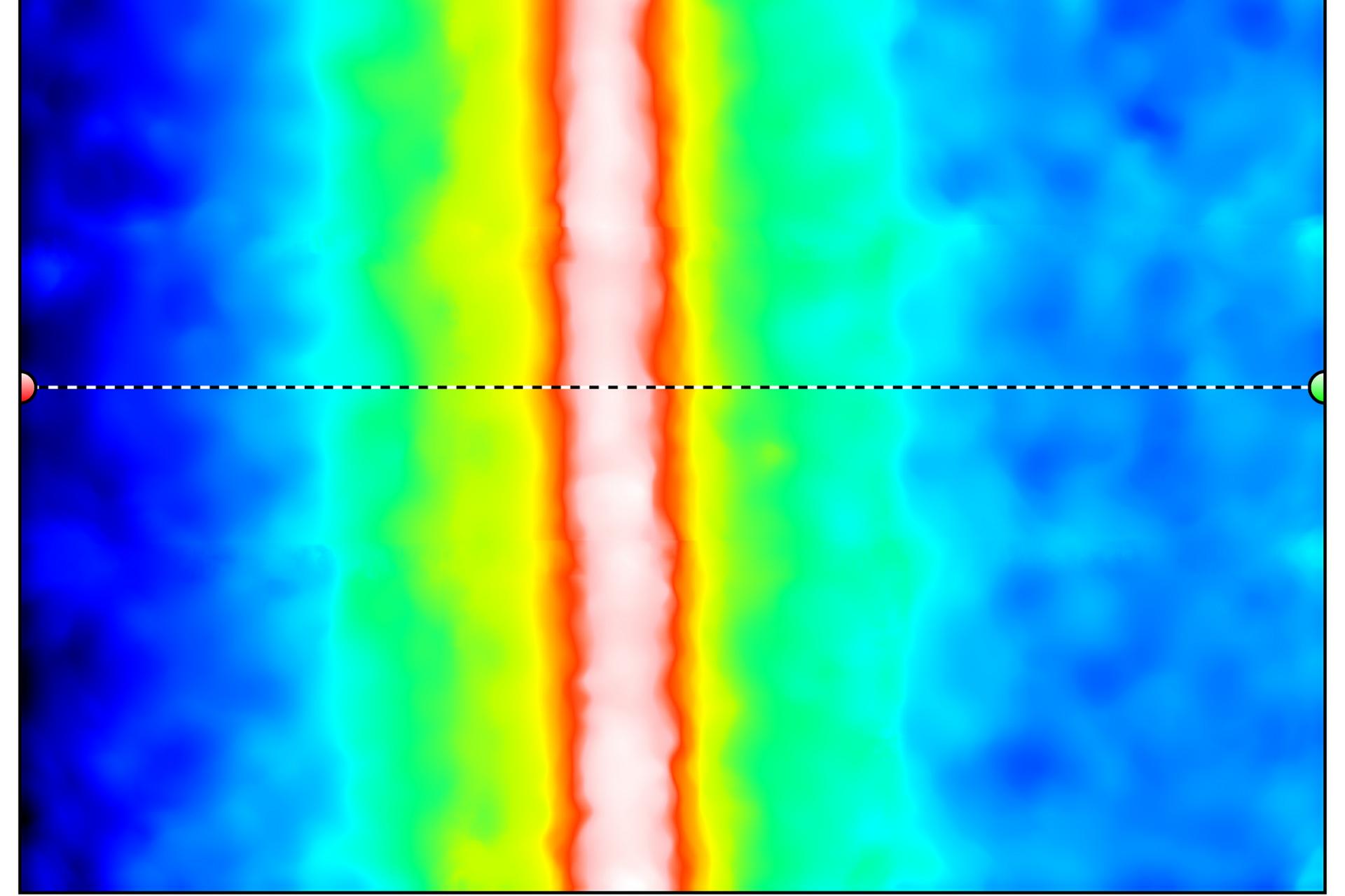 Location of a single profile across root of autogenous TIG weld in corrosion-resistant nickel alloy (Hastelloy® C-276).