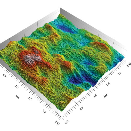 Laser polished surface of stainless steel test piece. 3D view of color-coded height map shows surface texture of areas with different process parameter.