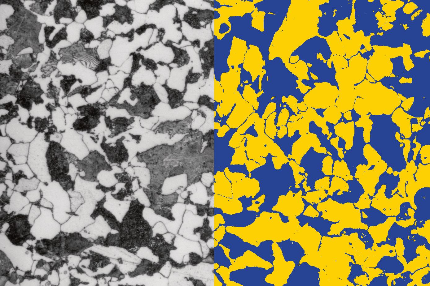 Ferrite and pearlte phase in steel imaged using light microsopy and quantitatively analyzed.