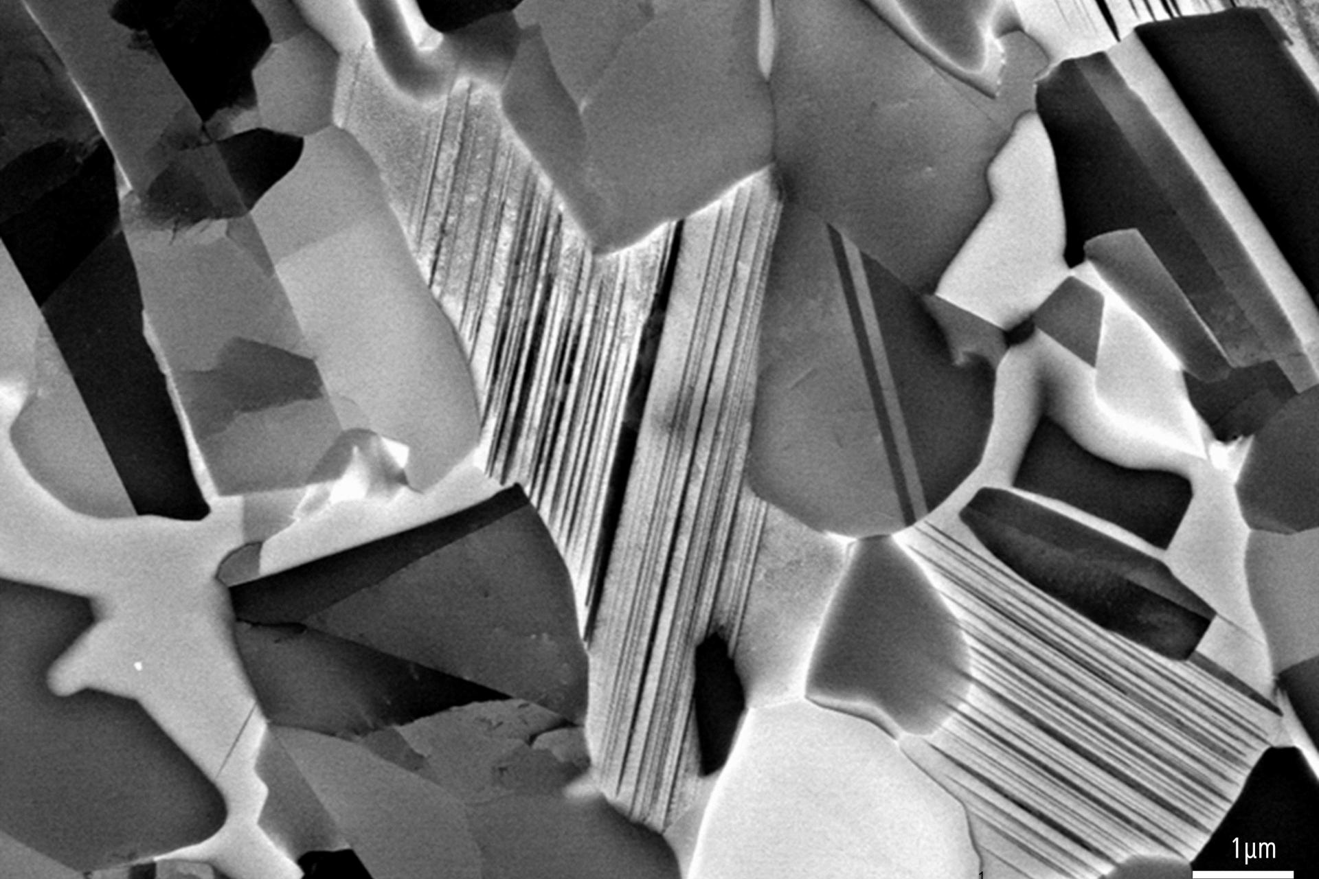 Scanning electron microscopy (SEM) delivers extremely high contrasts of crystal orientations and defects in the high temperature alloy TiAl₂.