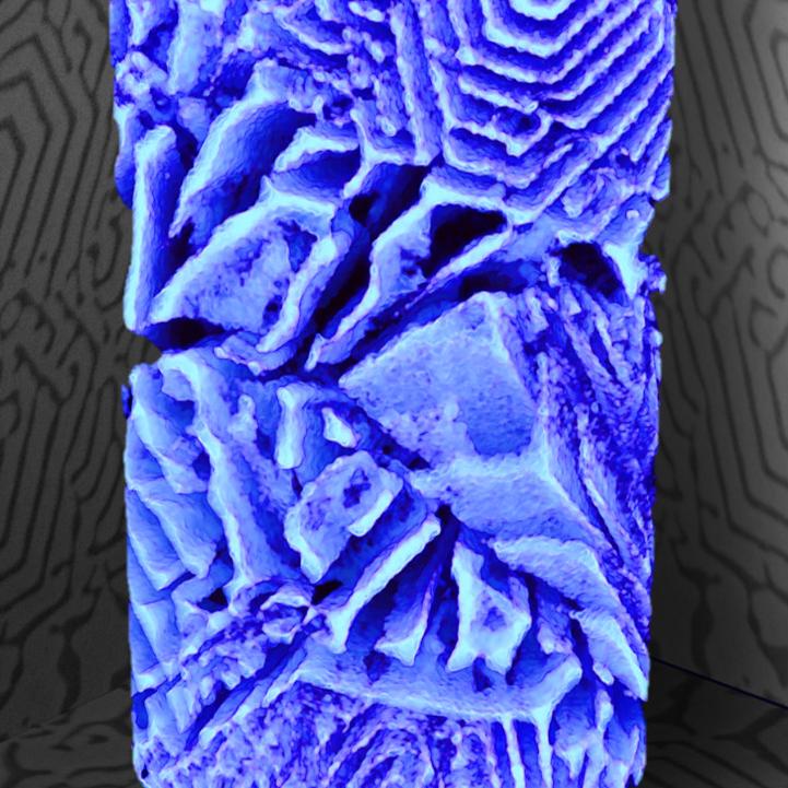 3D rendering of a reconstructed nanoscale X-ray tomography dataset obtained from a Zn-Mg spiral eutectic sample.