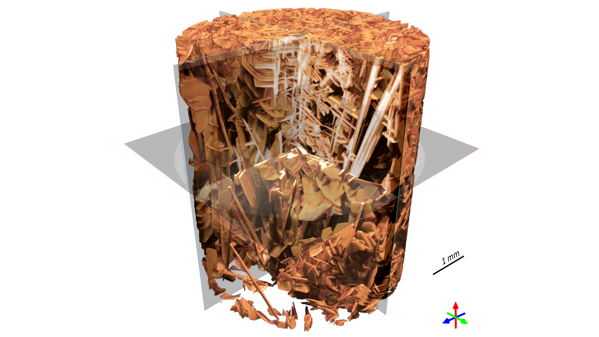 3D volume rendering shows the complex 3D microstructure consisting of rod and needle structure. Sample courtesy of Prof. Daniel Shoemaker, UIUC