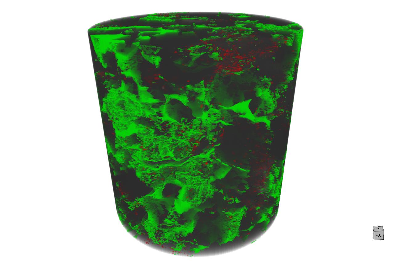 Porosity and permeability measurements in key sedimentary rocks for carbon capture and storage can be made with detailed characterization of porous media in 3D. High resolution data allow for detailed analysis of connected (green) and isolated (red) porosity.