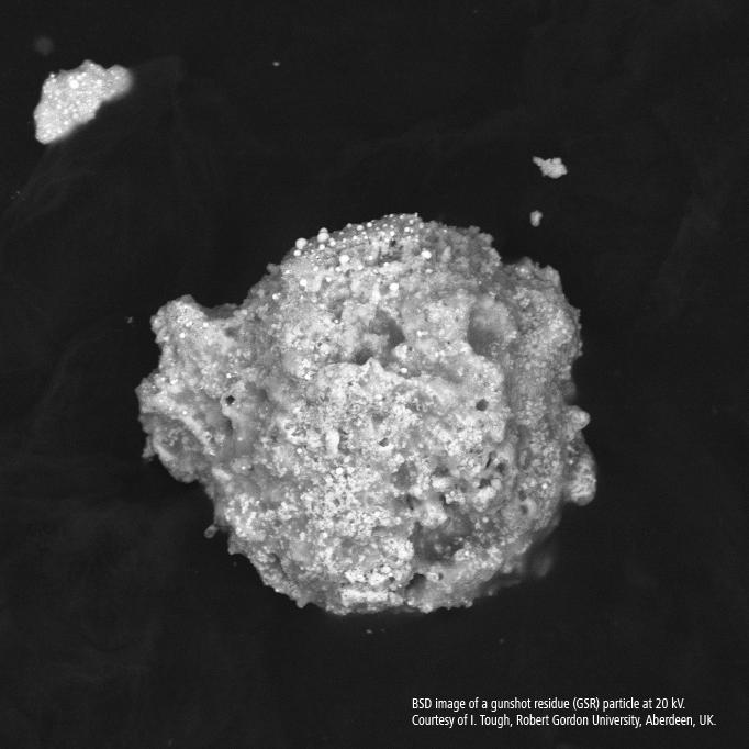BSD image of a gunshot residue (GSR) particle at 20 kV. Courtesy of I. Tough, Robert Gordon University, Aberdeen, UK.