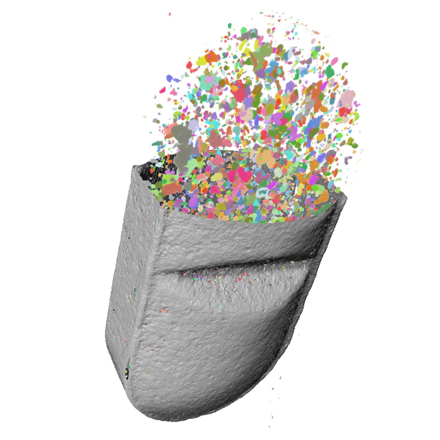 Picture of segmented active ingredient particles in an antihistamine tablet. Following imaging on a ZEISS Versa XRM, the data was reconstructed using ZEISS DeepRecon Pro to improve contrast between similar low density materials for better segmentation. Widest width of tablet is 5 mm.