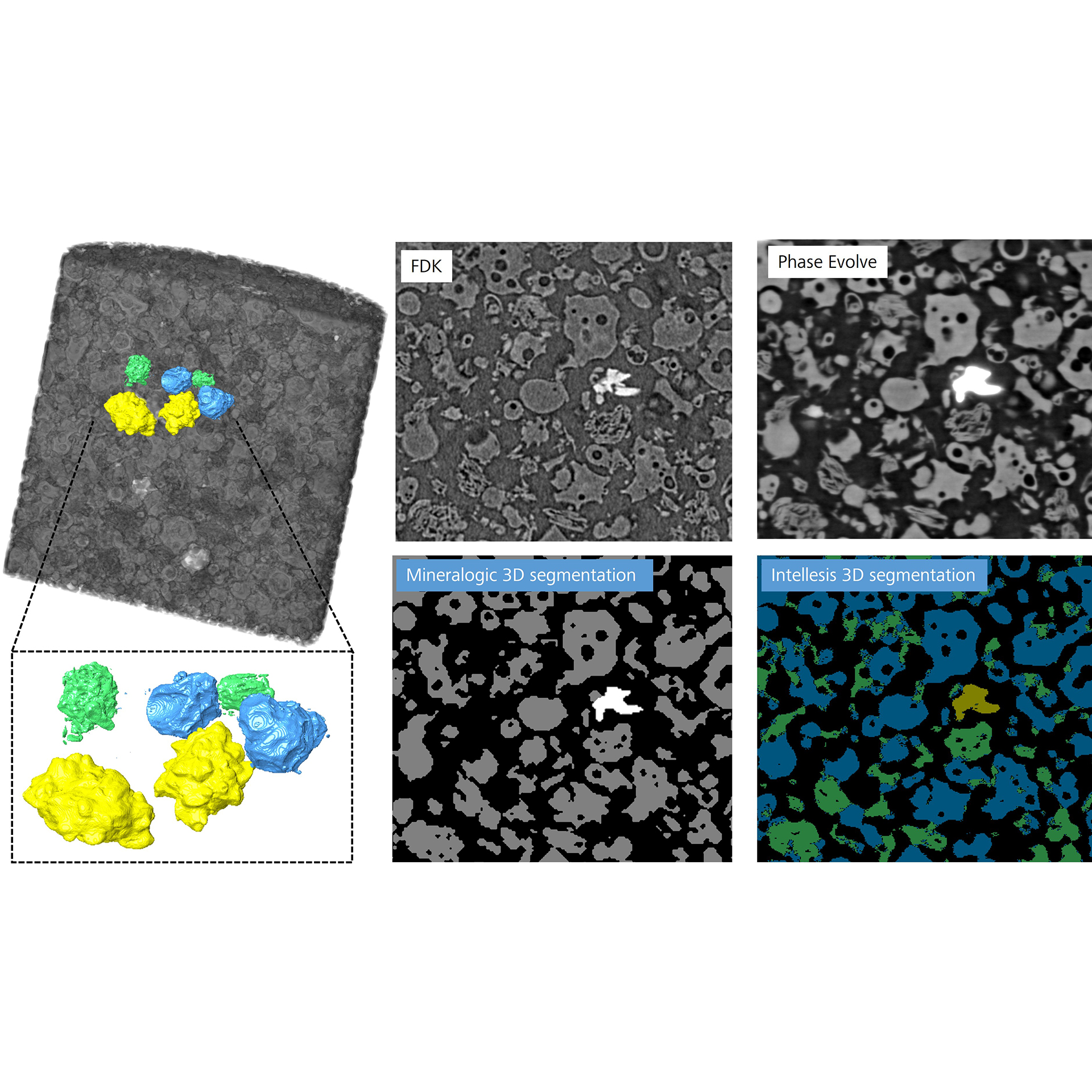 Comparison of FDK and PhaseEvolve reconstructed data of riboflavin (vitamin B2) powders. Also phase classification using Mineralogic 3D, and further morphological segmentation and classification using ZEN Intellesis. Reconstructed 3D volume shows two examples of the 3 grain types.