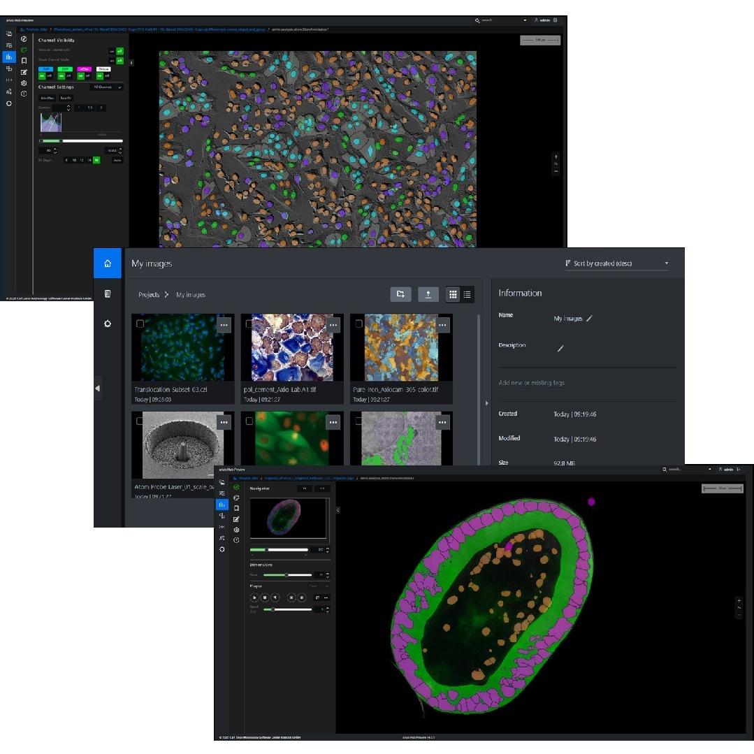 Software screens showcasing diverse samples and applications for microscopy image analysis