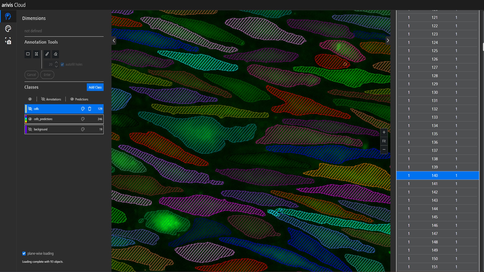 A screen from ZEISS arivis Cloud software showing online interface and cell analysis predictions.