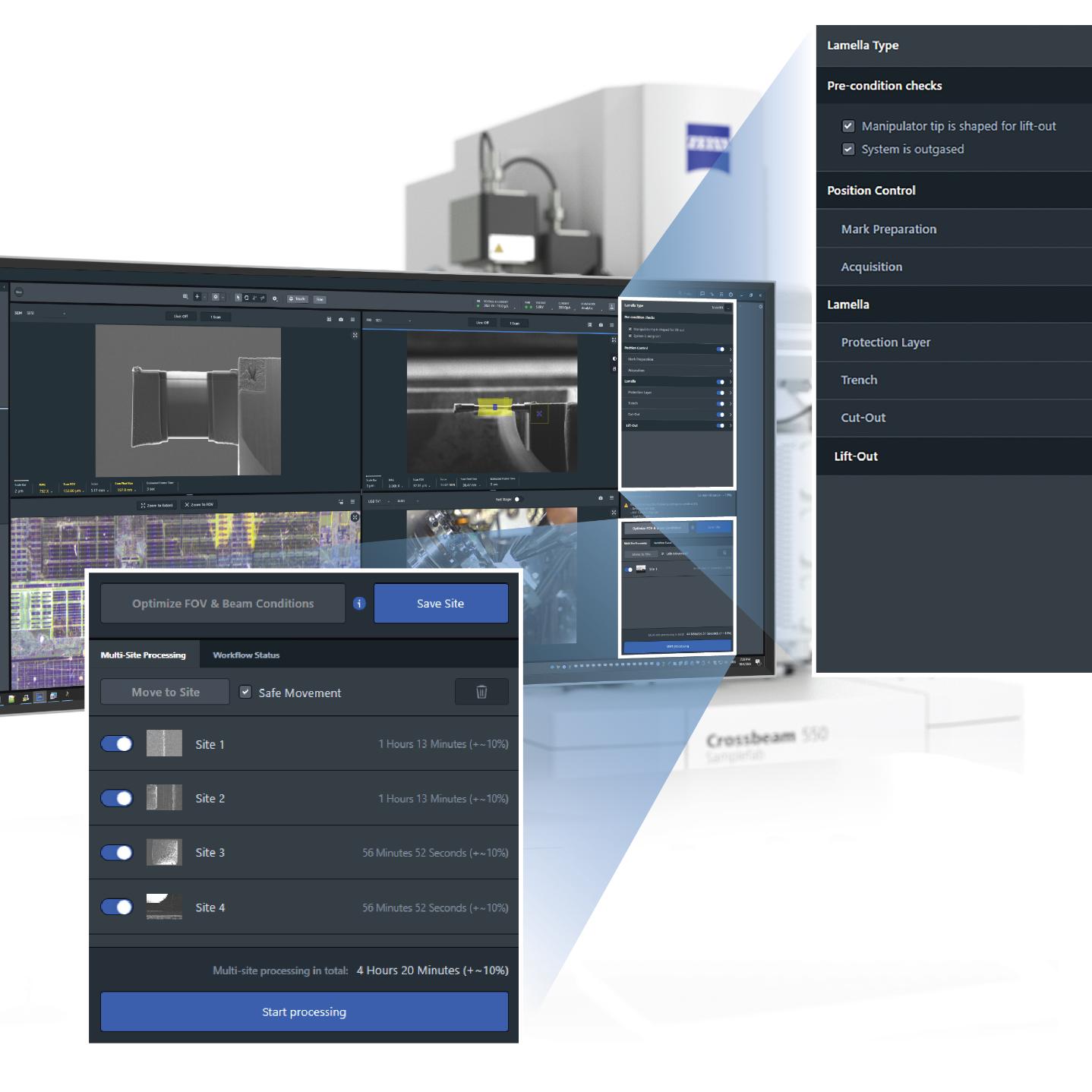 The user interface of the ZEISS Crossbeam 550 displayed