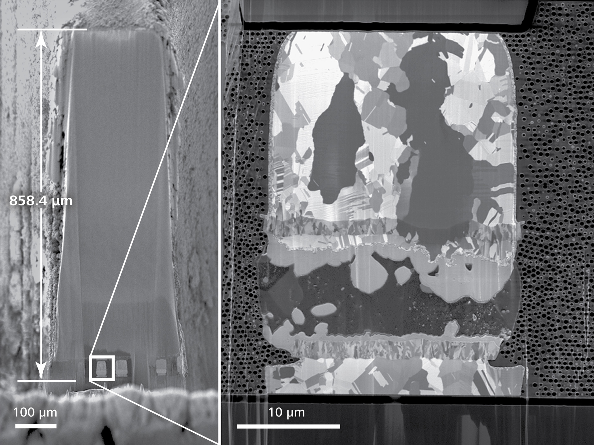 Izquierda: IC en 3D preparado usando ablación por láser y pulido FIB. Derecha: Imagen de electrones retrodispersados de microprotuberancia.