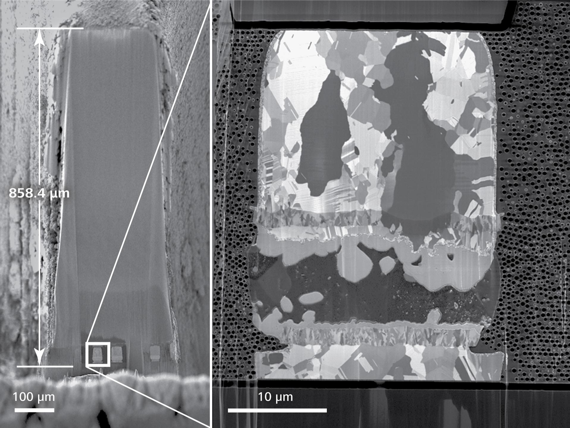 Links: Integrierte 3D‑Schaltung, präpariert mit Laserabtrag und Polieren mit FIB. Rechts: Rückstreuelektronenbild des Microbumps.