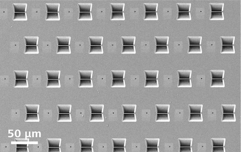 使用自动制备技术制备的TEM薄片阵列，一个薄片的宽度约为20 µm。Crossbeam 550。