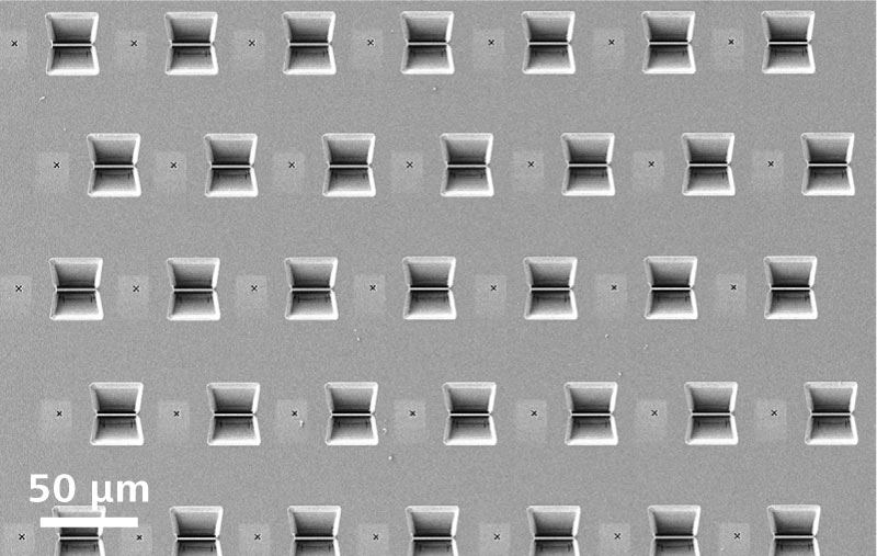 Array mit TEM-Lamellen, hergestellt mit automatisierter Probenpräparation. Breite einer Lamelle: ca. 20 µm. Crossbeam 550.