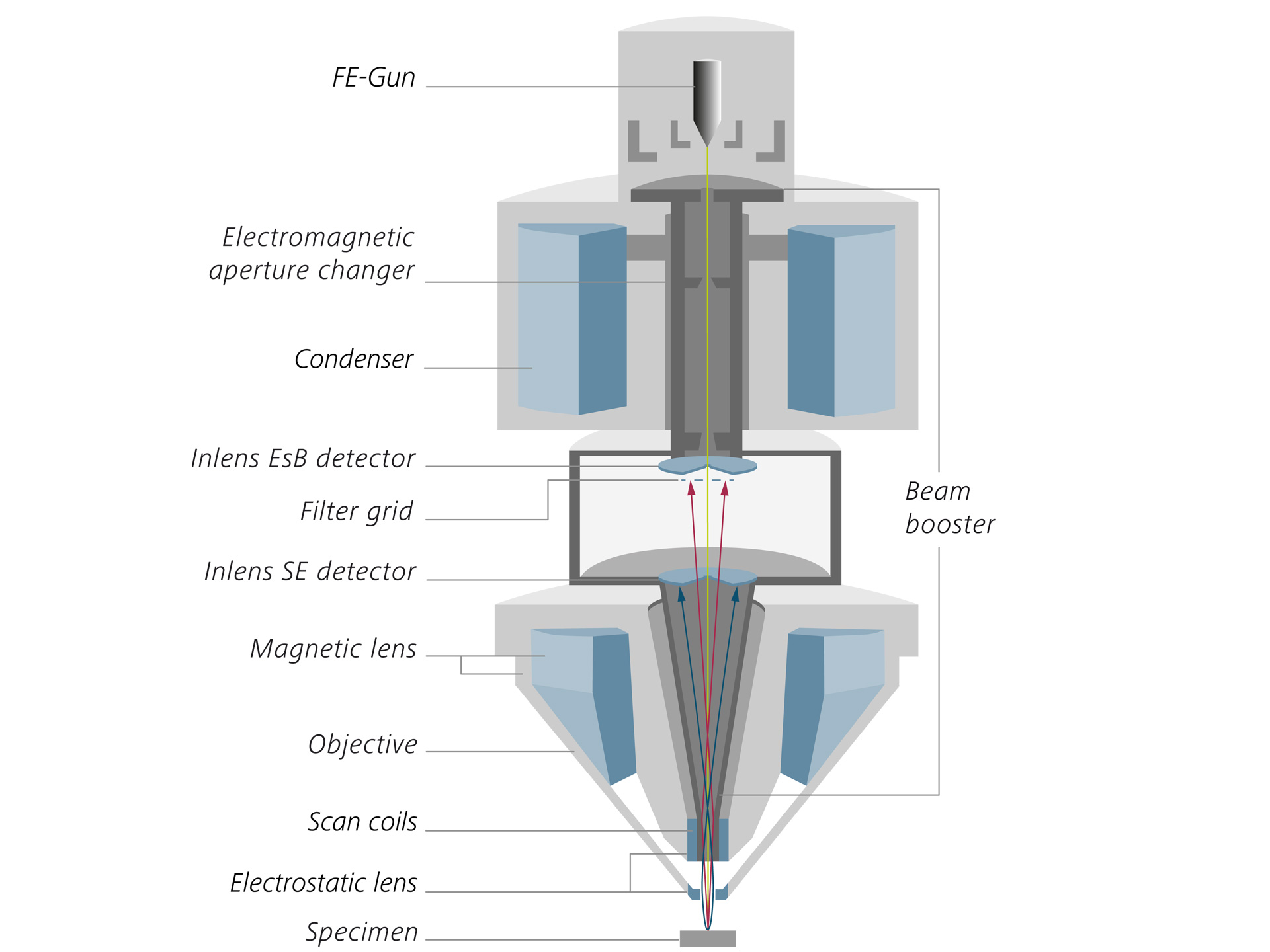 ZEISS Crossbeam 550: Gemini 2-Säule mit Doppel-Kondensor und zwei Inlens-Detektoren. 