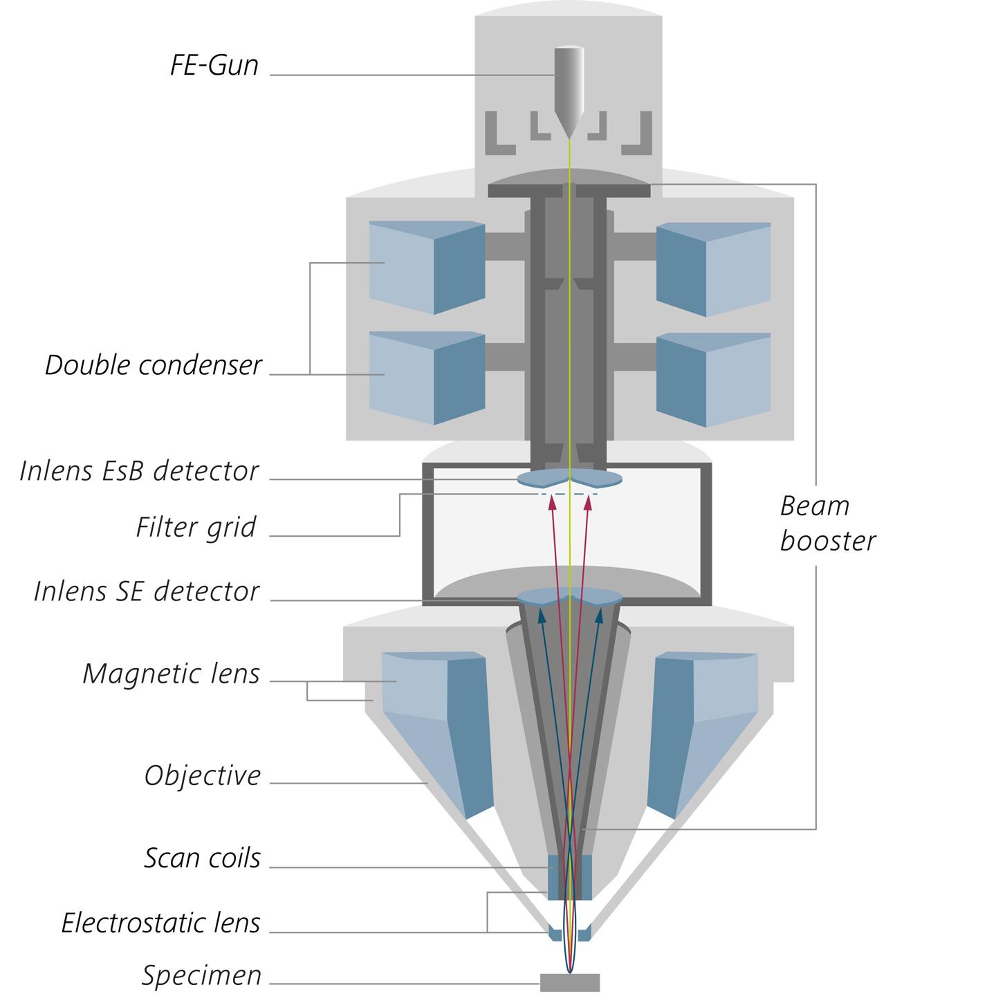 Technologie Gemini. Coupe transversale schématique de la colonne optique Gemini 2 avec double condenseur, accélérateur de faisceau, détecteurs Inlens et objectif Gemini.