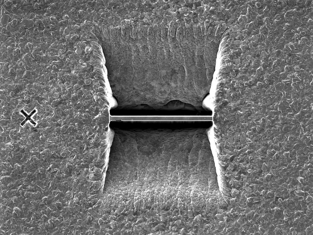 Fabricado con preparación automática de la muestra, preparado y captado con FIB. Campo de visión de 76,22 µm. 