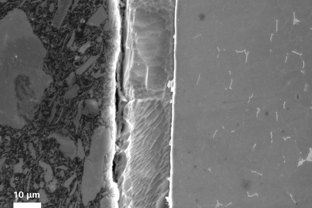 Imagen de la sección transversal de un acero bajo en carbono y galvanizado capturada con el detector SE de un EVO 15.