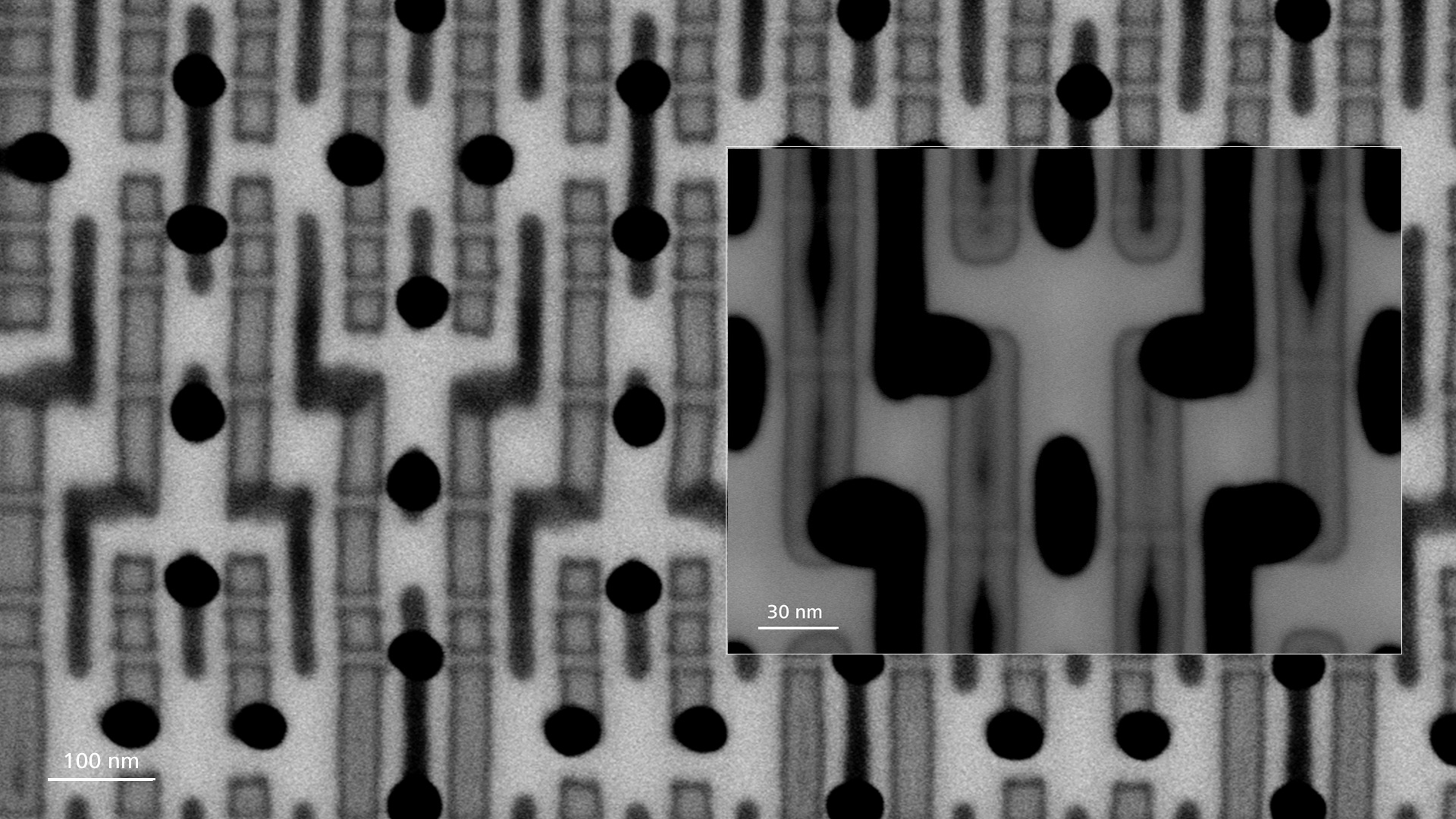 Backscatter images show deeply-buried structures such as FinFET gates, tungsten plugs, and tin liner (inset) and thus guide failure analysis for the TEM workflow, aBSD detector at 30 kV.